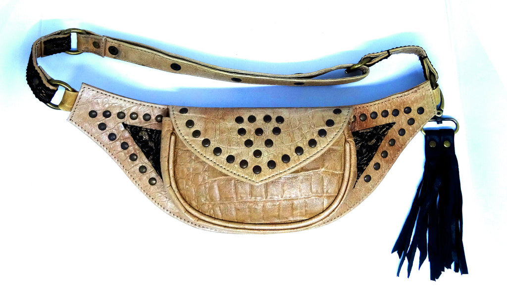 Alva pouch ,leather utility belt ,light brown camel with bronz studs and leather tussles