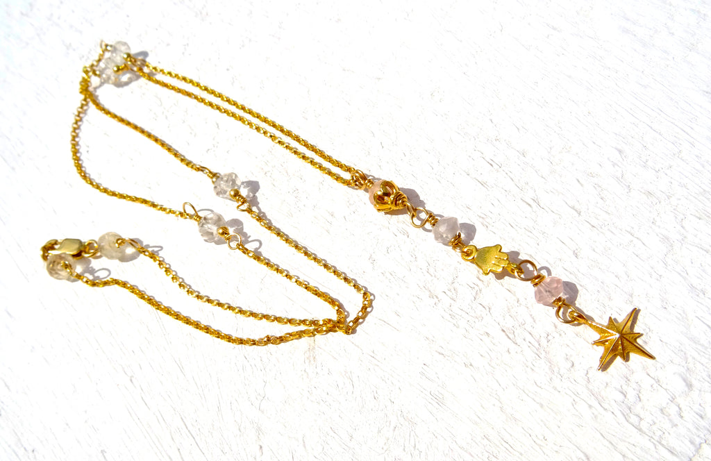 Gold filled necklace with gemstones,rose quartz,moonstone and crystal,with a star