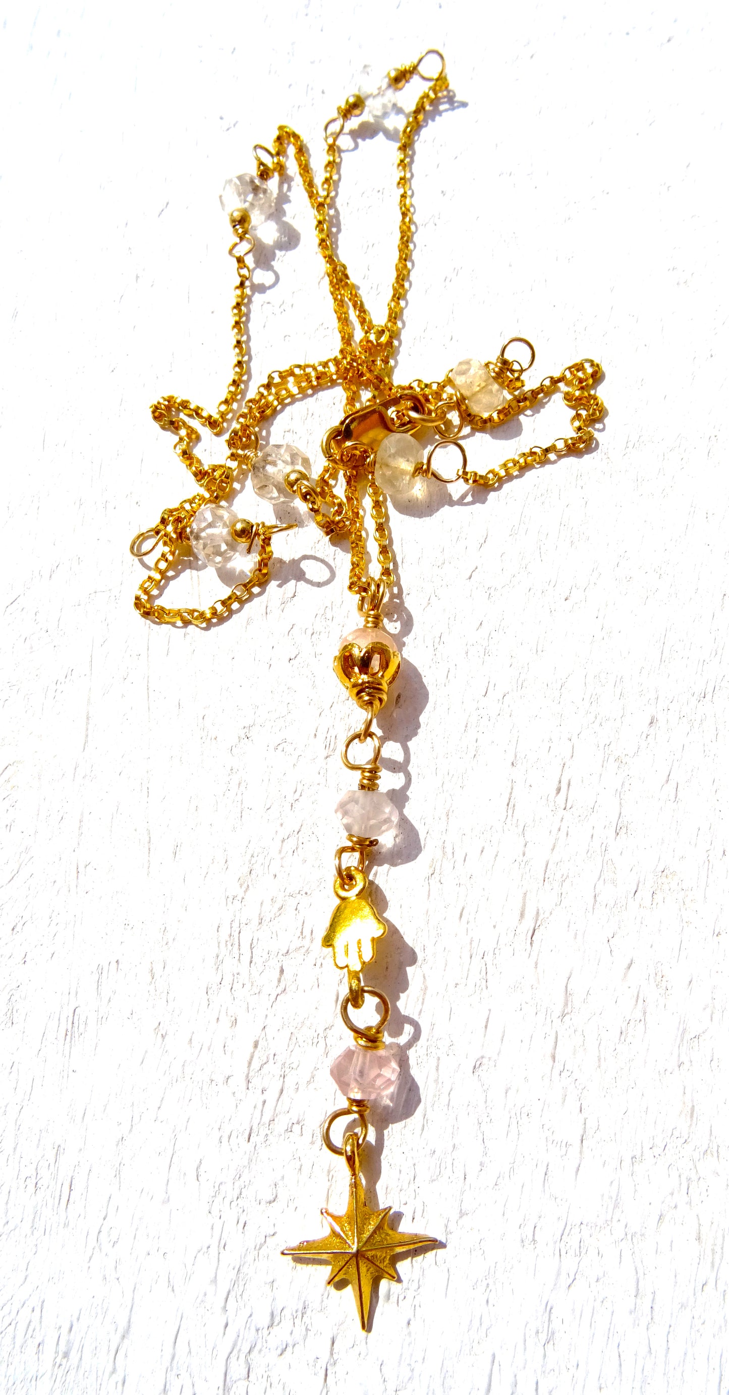 Gold filled necklace with gemstones,rose quartz,moonstone and crystal,with a star