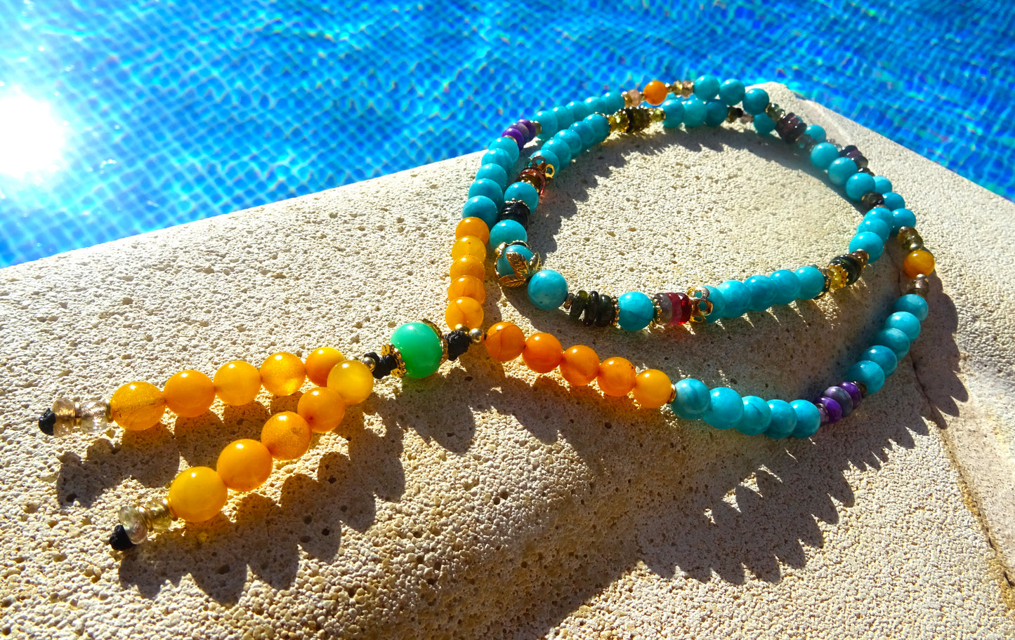 Mala necklace with gemstones and Gold filled,Amazonite,amber,tourmaline and sugilite